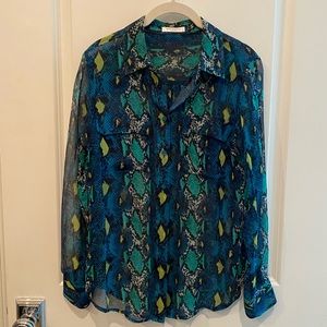 Equipment blue green snakeskin print sheer blouse